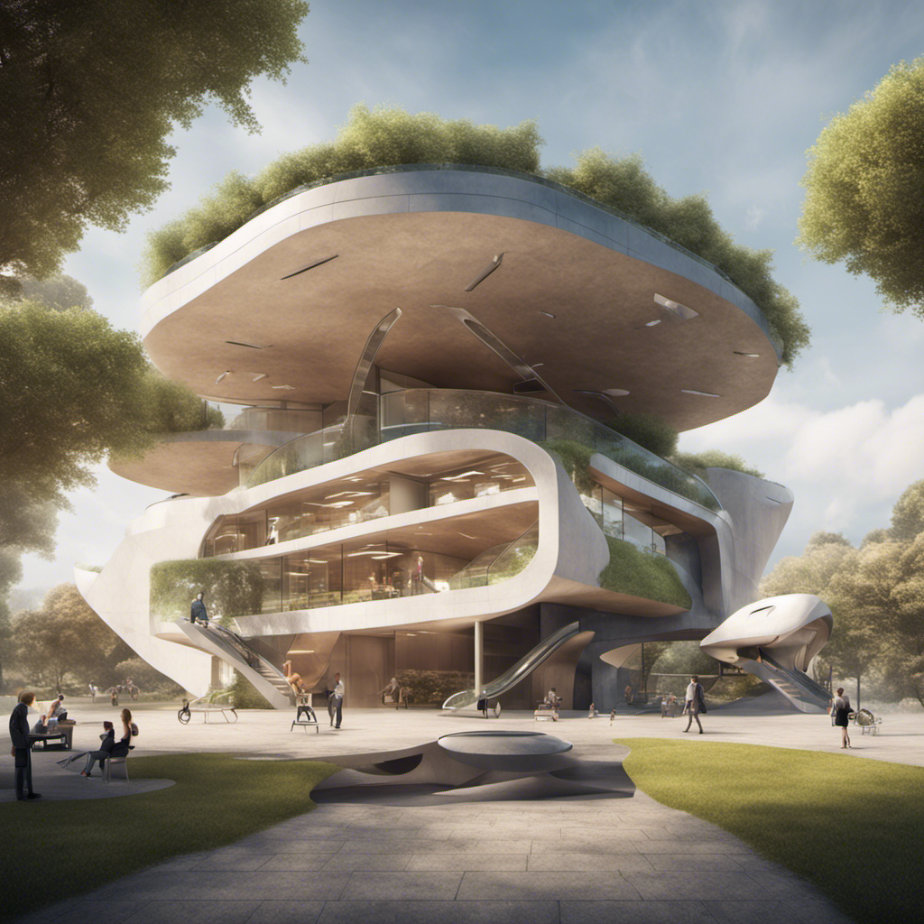 Library shaped in eco style, with a landing pad for drones delivering books, with futuristic ev's passing by. Generated by https://beta.dreamstudio.ai/ 